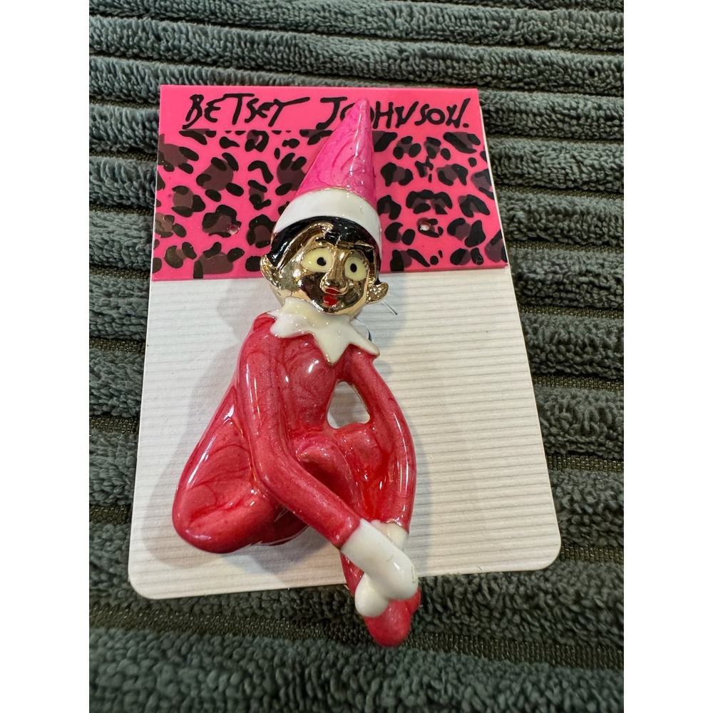 Betsey Johnson Elf Pin Brooch Pink Gold Tone Holiday Festive‎ Whimsical